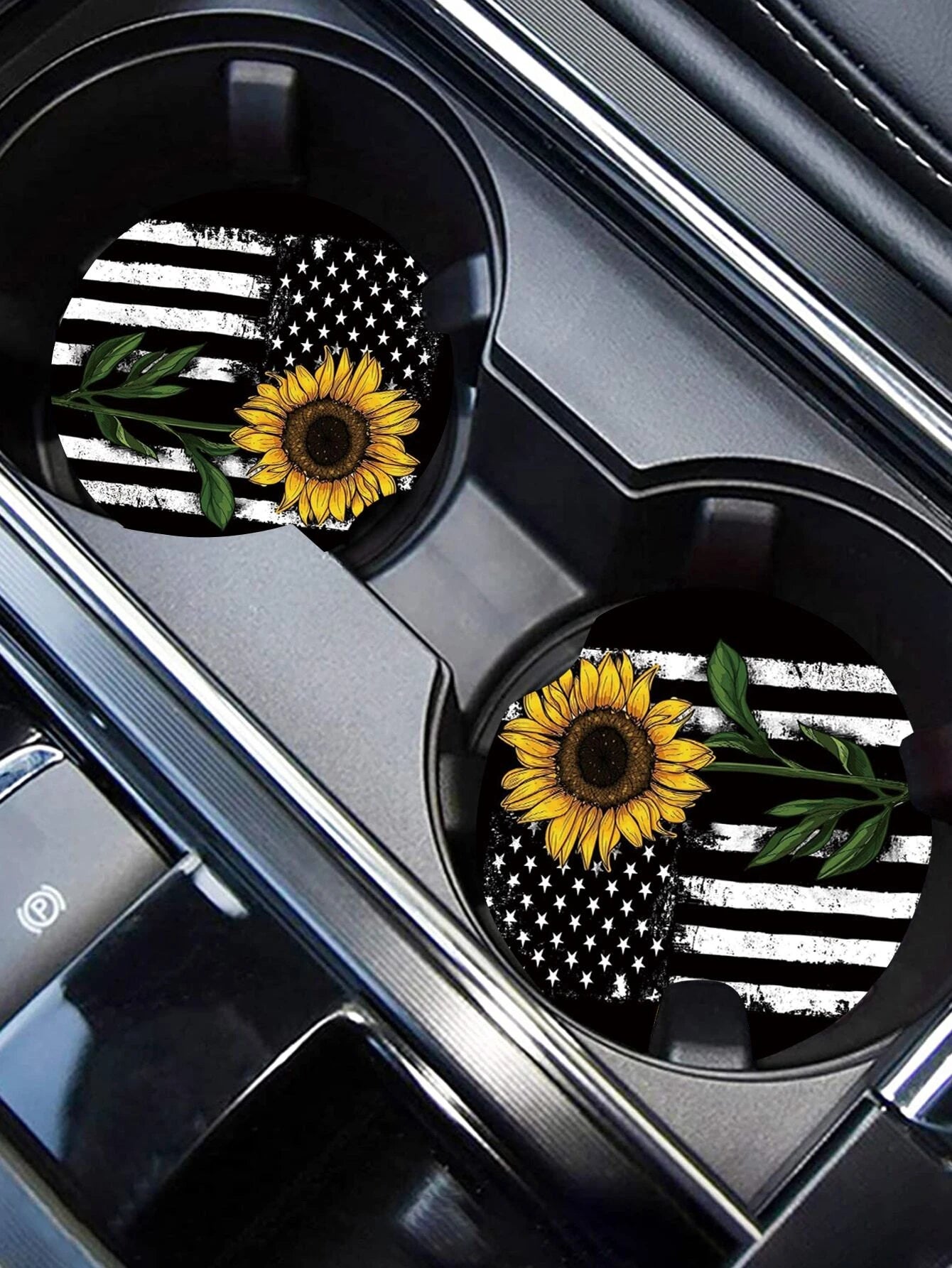 Sunflower American Flag Car Coaster Set