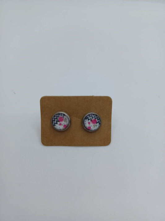 Black Chevron w/ Pink Floral Earrings