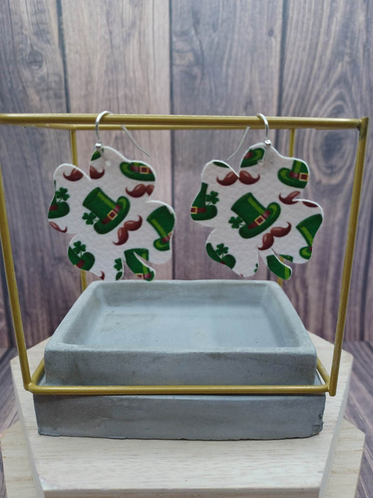 White Shamrock Shaped Earrings w/ Leprechaun Hat & Mustashe