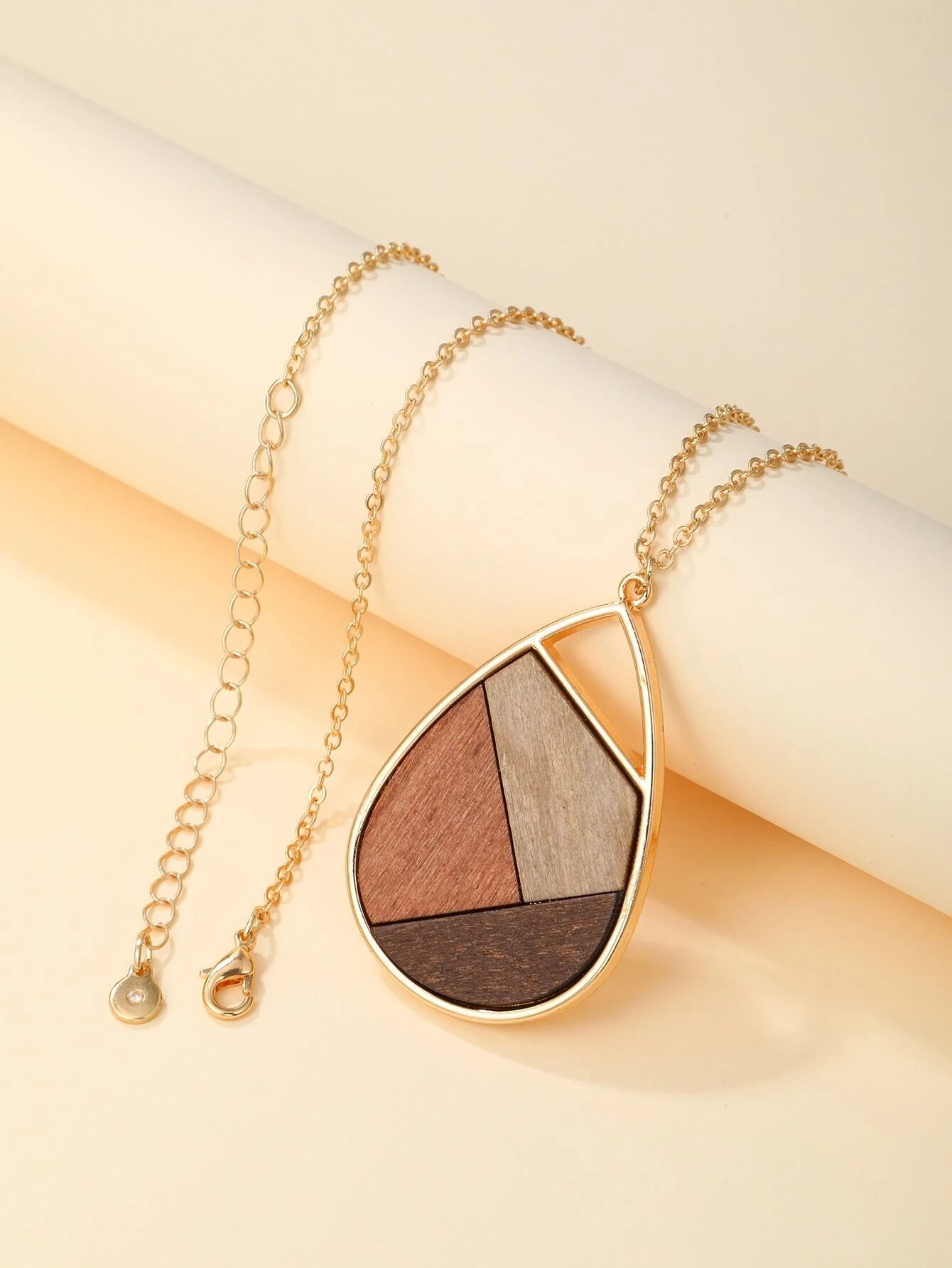 Gold Necklace w/ Wooden Color Blocked Pendant