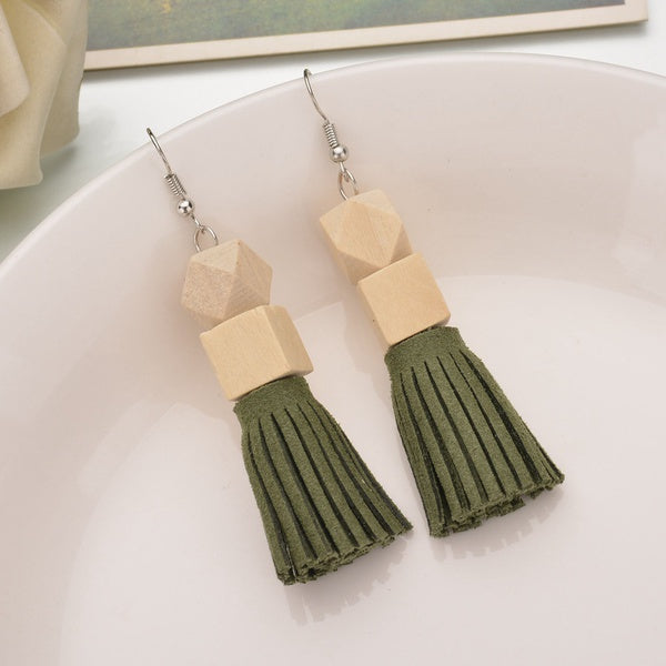 Wooden Tassel Style Earrings - Green
