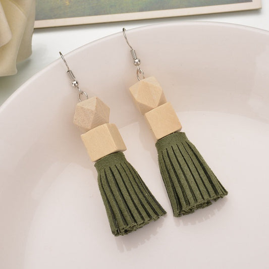 Wooden Tassel Style Earrings - Green