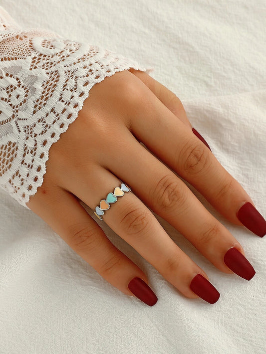 Silver Adjustable Ring w/ Orange, Purple, Yellow, & Blue Hearts