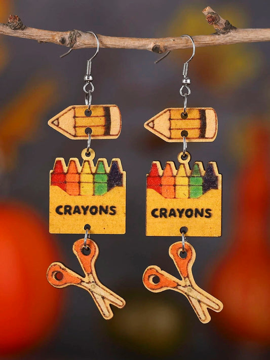 Wooden Pencil, Crayon, & Scissors Earrings
