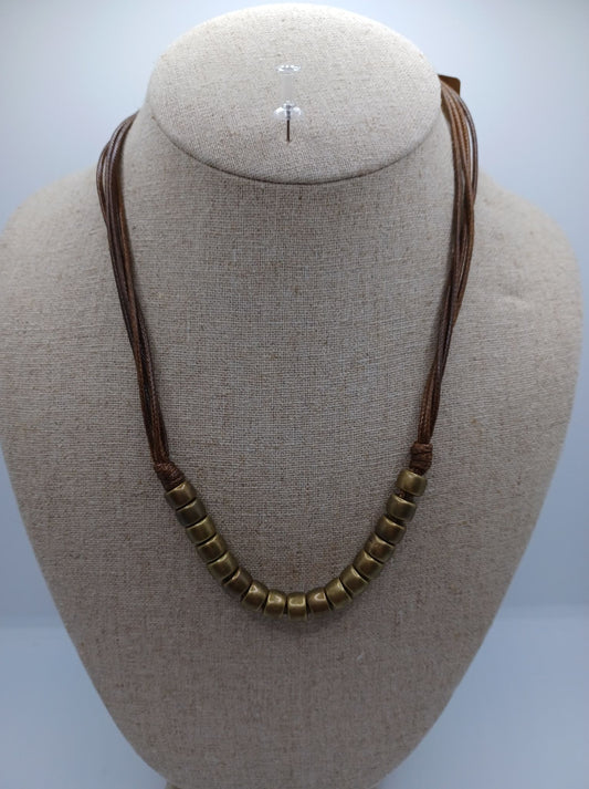 Brown Leather Style Necklace w/ Brass Beading