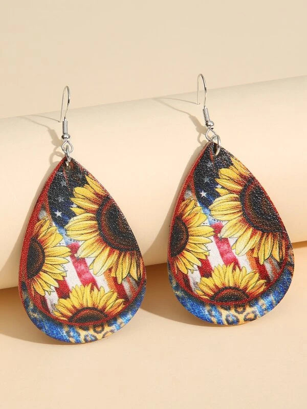 Sunflower American Flag Leather Style Earrings