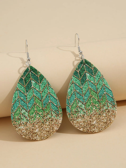 Green & Gold Chevron Leather Style Earrings