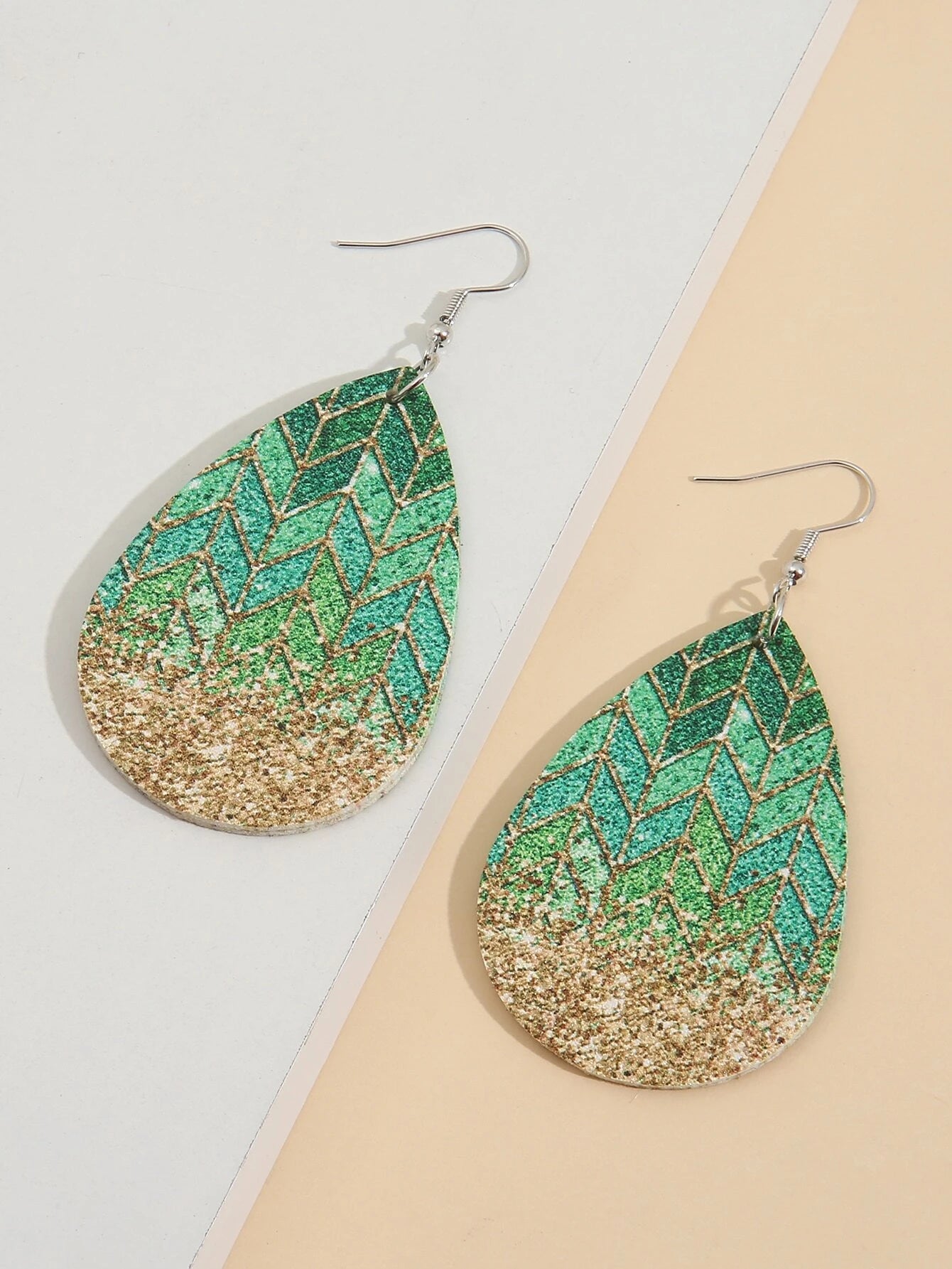 Green & Gold Chevron Leather Style Earrings