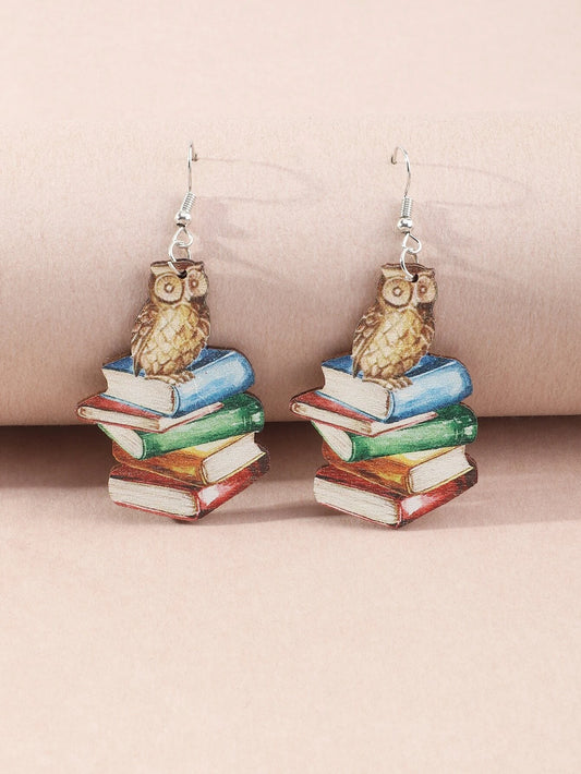 Owl Sitting on Stack of Books Earrings