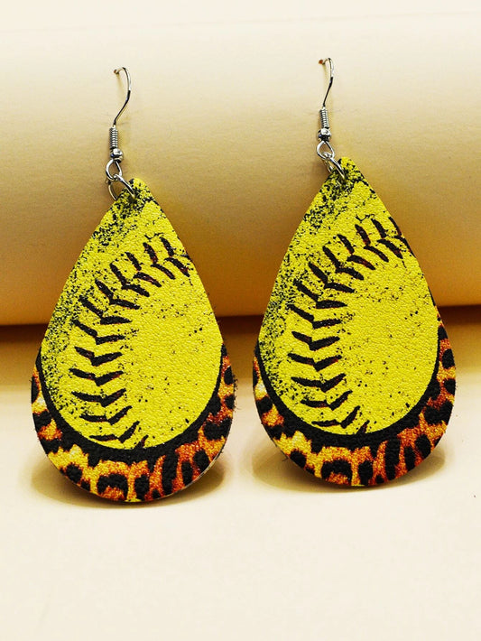Softball & Leopard Layered Leather Style Earrings