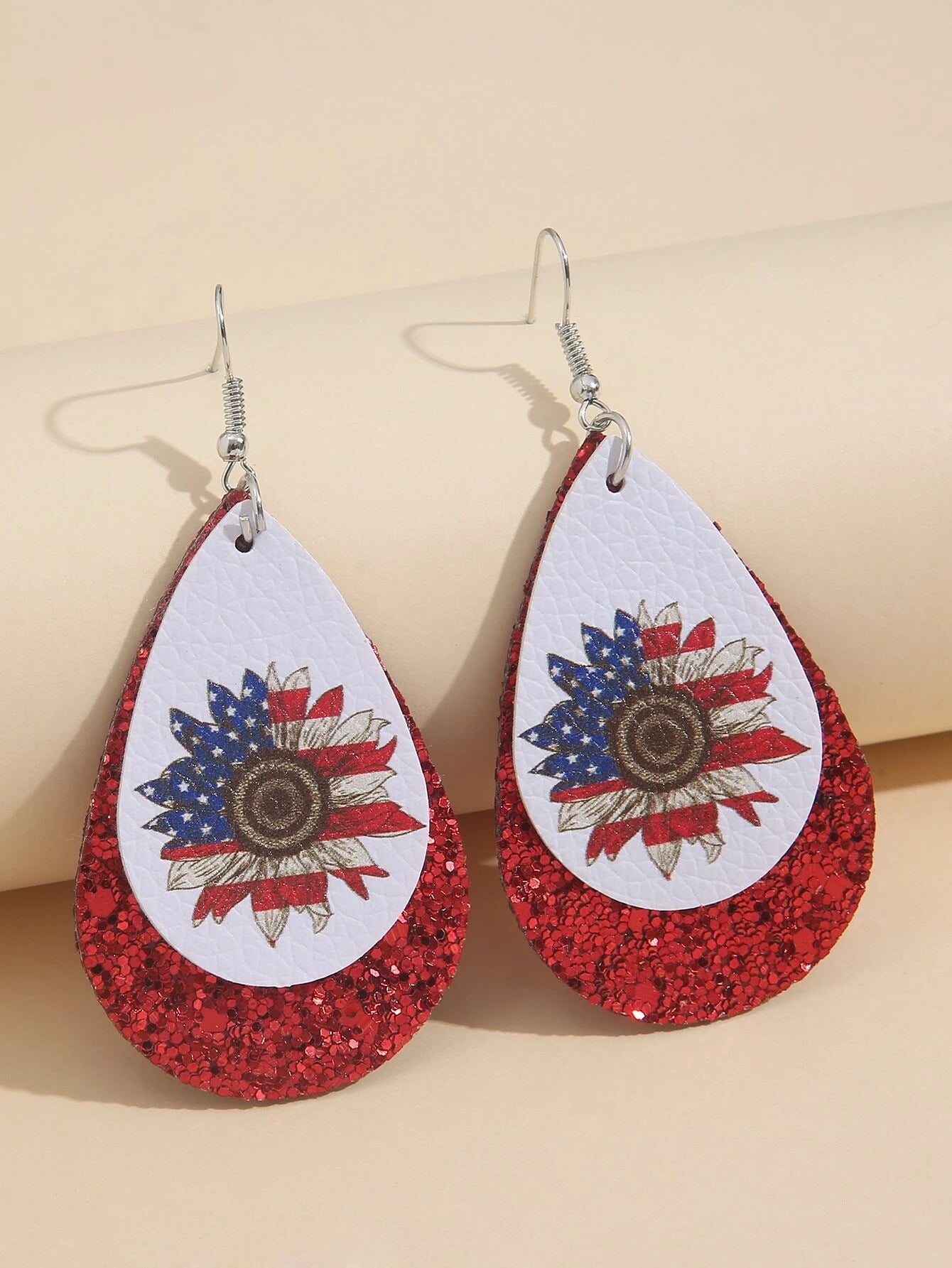 Red Glitter & USA Sunflower Flag Leather Style Earrings