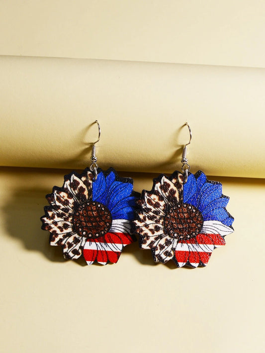 American Flag & Leopard Print Sunflower Earrings