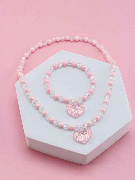 Beaded Pink Heart Necklace & Bracelet Set