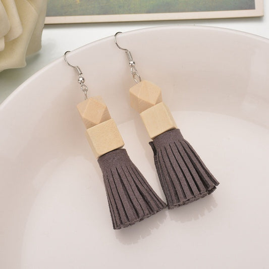 Wooden Tassel Style Earrings - Grey