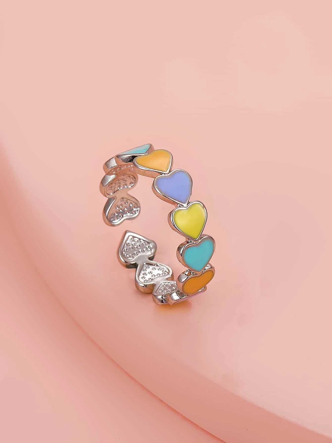 Silver Adjustable Ring w/ Orange, Purple, Yellow, & Blue Hearts