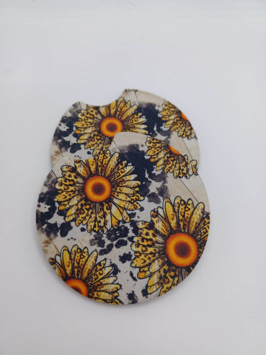 Sunflower Cow Print Car Coaster Set