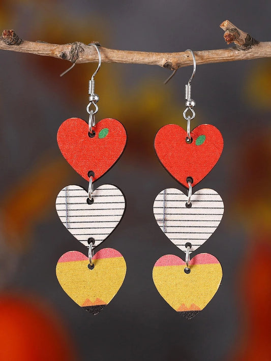 Triple Wooden Heart Earrings - Apple, Notebook, & Pencil