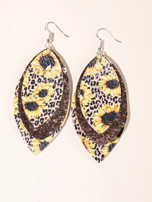 Sunflower w/ Brown Detail Leather and Glitter Style Earrings