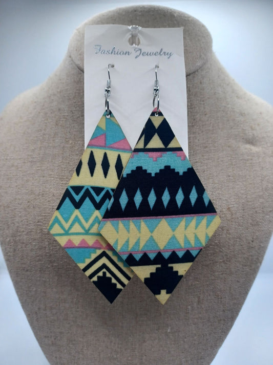 Blue, Yellow, & Pink Diamond Shaped Wooden Earrings