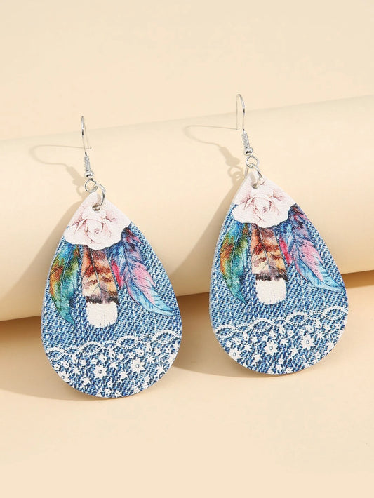 Denim with Feathers Leather Style Earrings