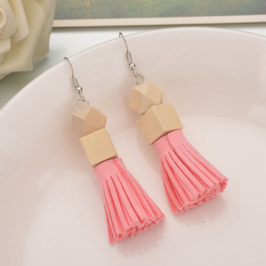 Wooden Tassel Style Earrings - Pink