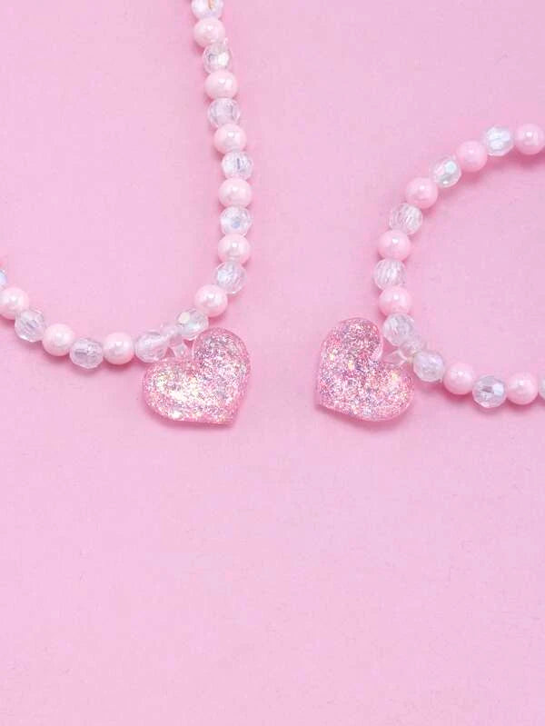 Beaded Pink Heart Necklace & Bracelet Set