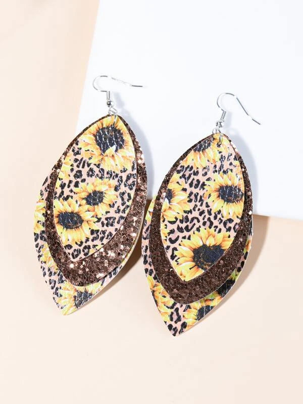 Sunflower w/ Brown Detail Leather and Glitter Style Earrings