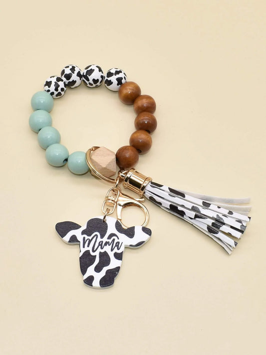 Teal & Black Beaded Cow Wristlet w/ Tassel