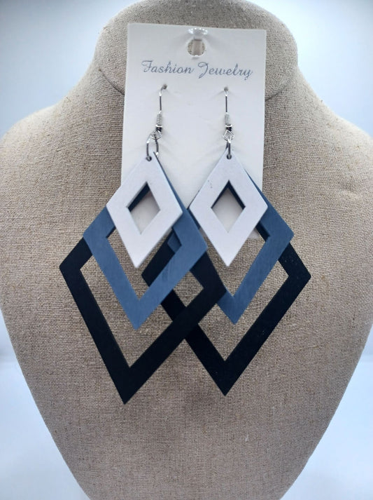 Triple Layered White, Grey, & Black Diamond Shaped Wooden Earrings