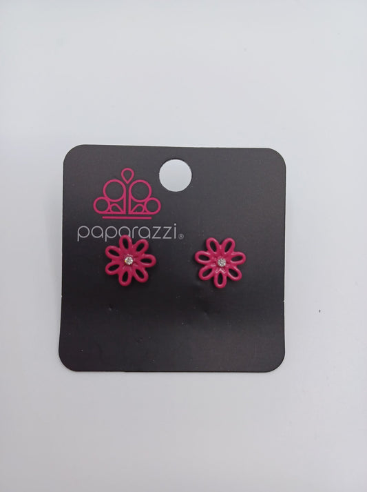 Hot Pink Flower w/ Rhinestone Earrings