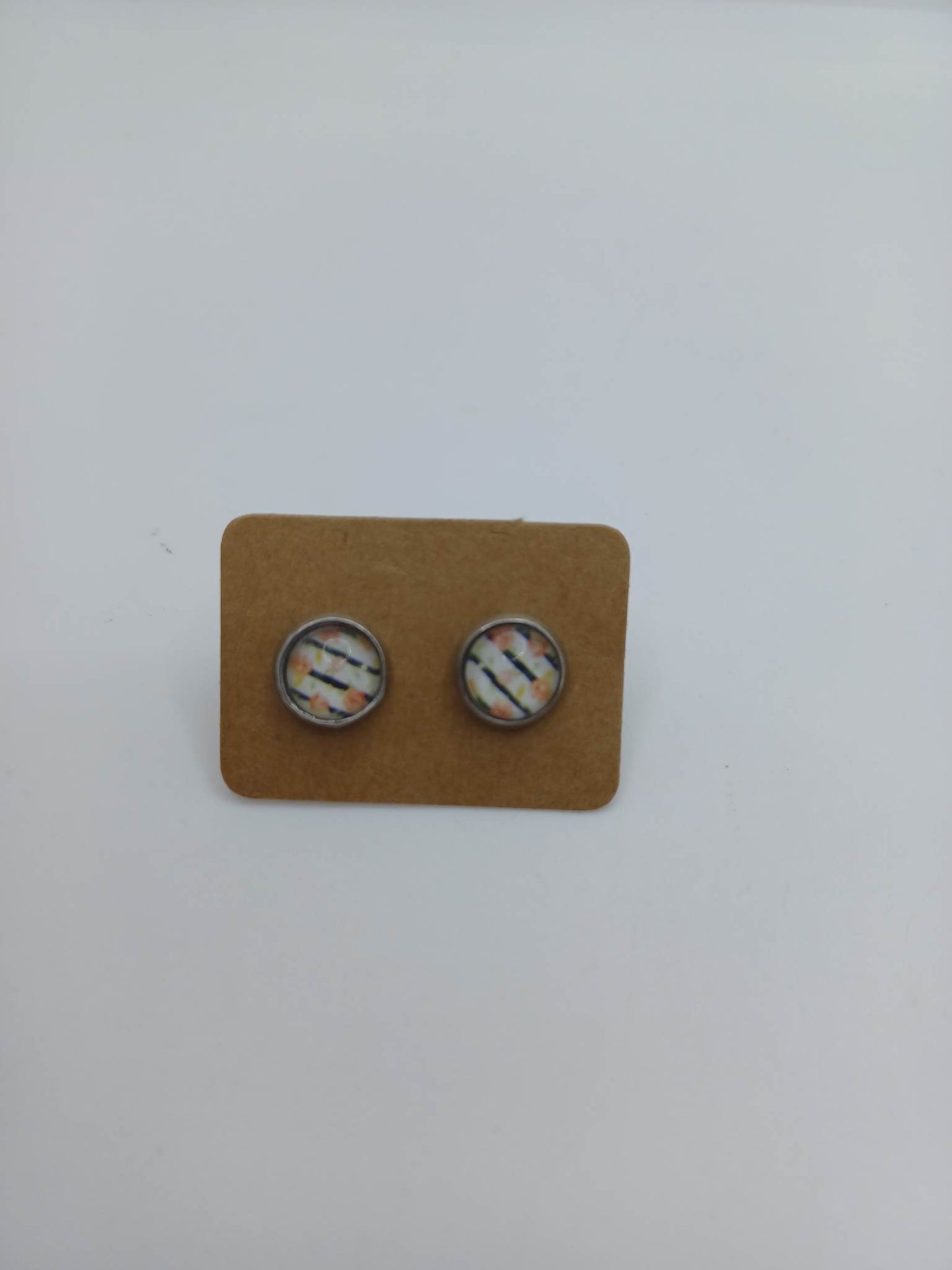 Black & White Striped Earrings w/ Floral Detail