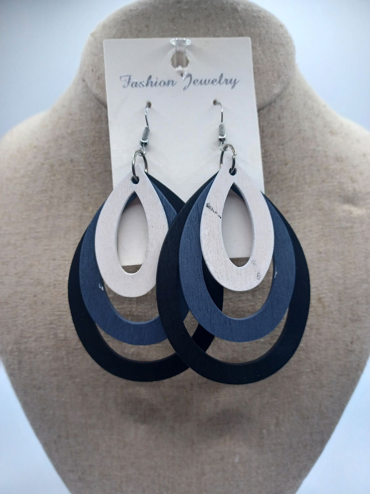 Triple Layered White, Grey, & Black Oval Wooden Earrings