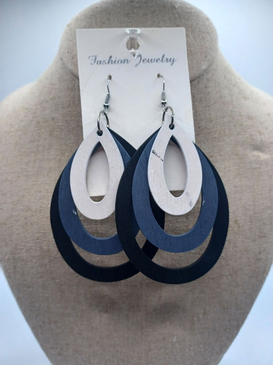 Triple Layered White, Grey, & Black Oval Wooden Earrings