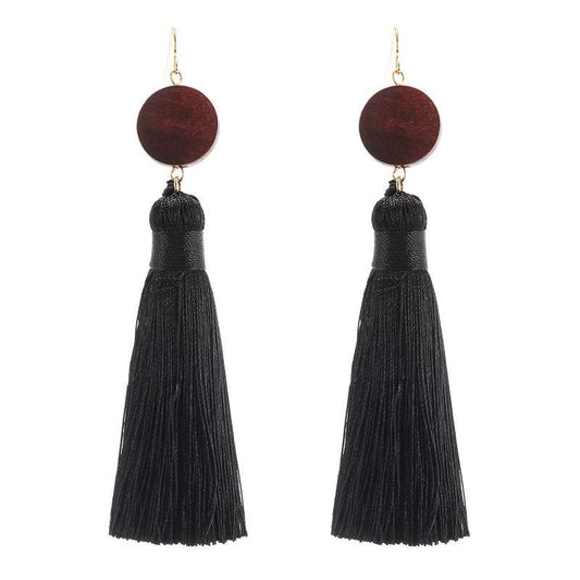 Black Tassel Earrings w/ Wooden Post Detail
