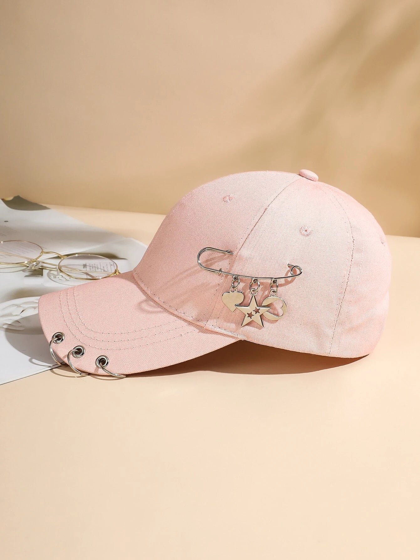 Pink Hat w/ Silver Embellishments (Heart, Star, Circles)