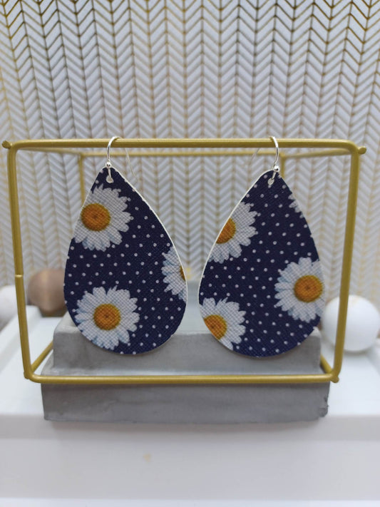 Blue Polka Dot Daisy Earrings
