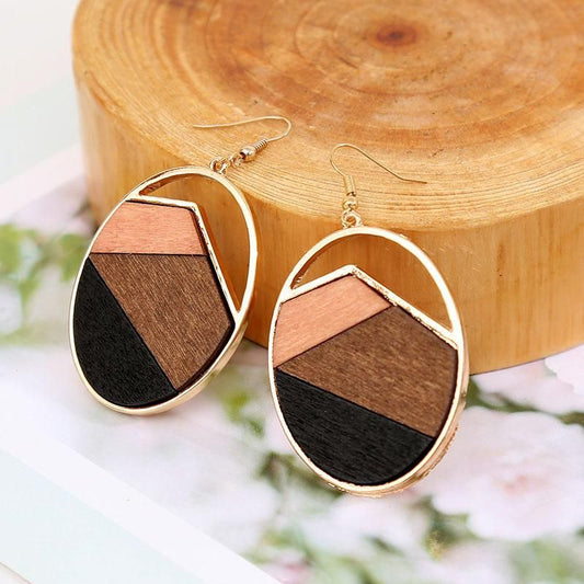Gold Earrings w/ Wooden Geometric Accents