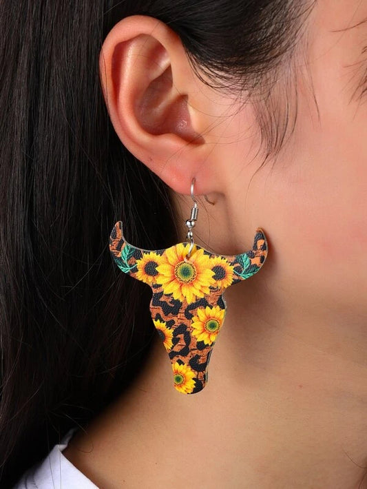 Skull Shaped Leather Style Earrings w/ Sunflower & Animal Print Design