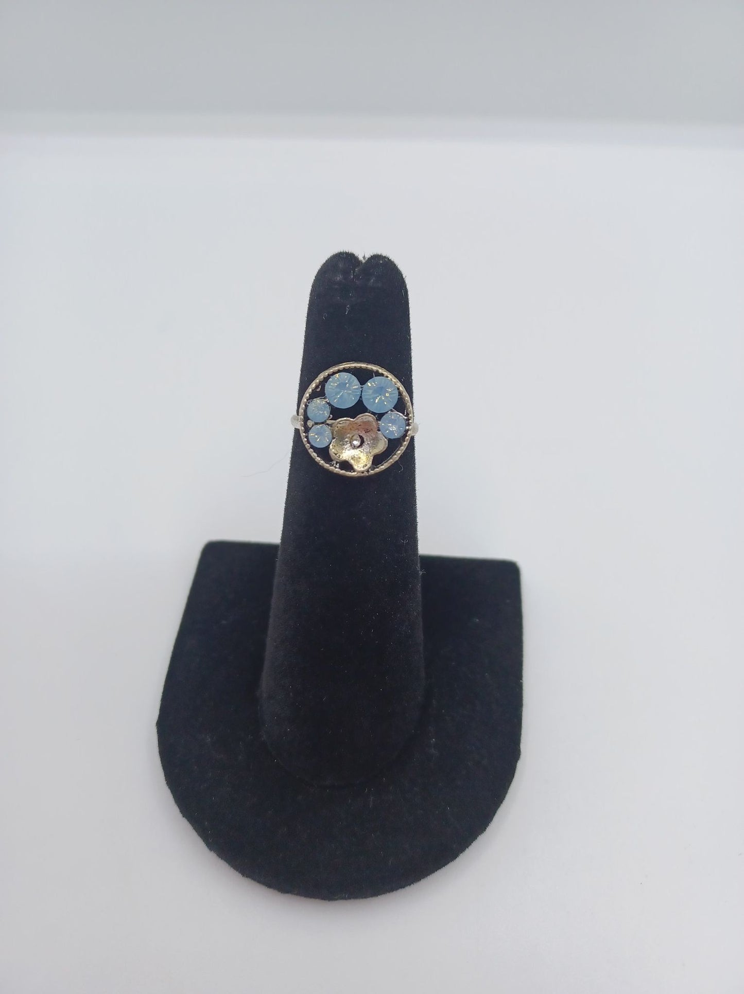 Blue Iridescent Rhinestone Flower Ring