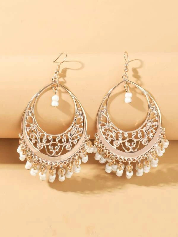 White Beaded Tassel Earrings