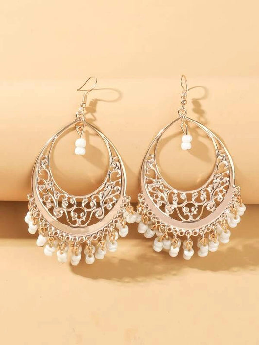 White Beaded Tassel Earrings