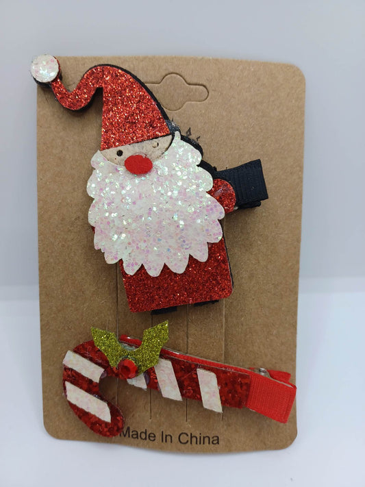 Santa & Candy Cane Glitter Hair Clip Set