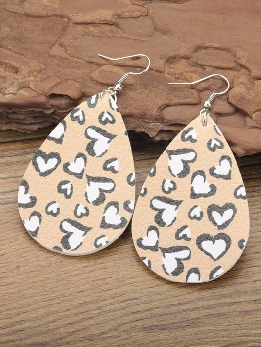 Beige Heart Printed Leather Style Earrings