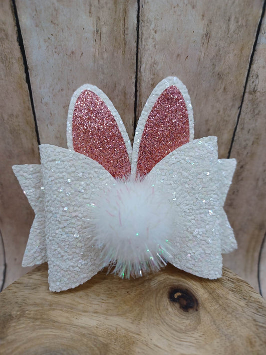 White w/ Pink Glitter Bunny Rabbit Hair Accessory