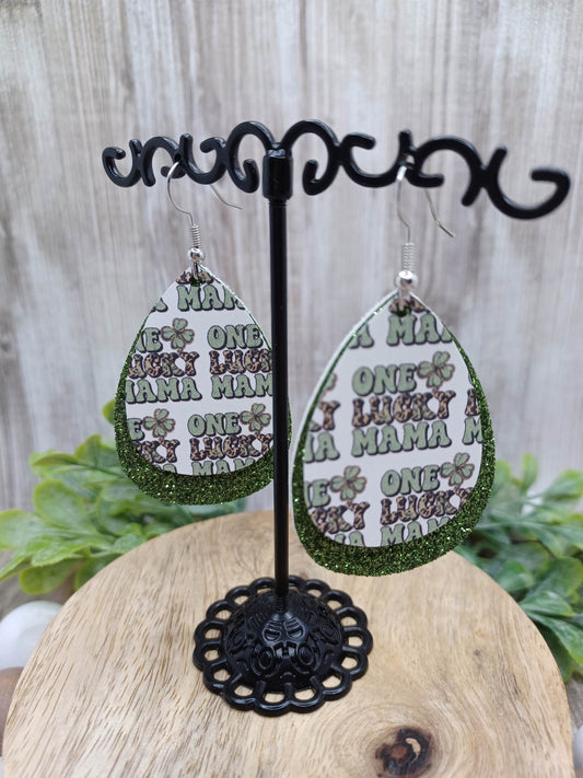 One Lucky Mama Double Layered Leather Style w/ Green Glitter Earrings