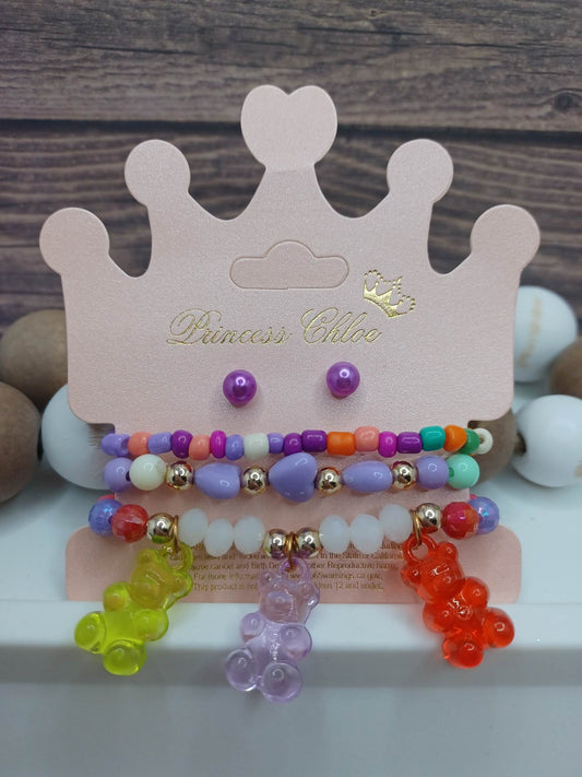 Earring & Bracelet Set w/ Yellow, Purple, & Red Bears