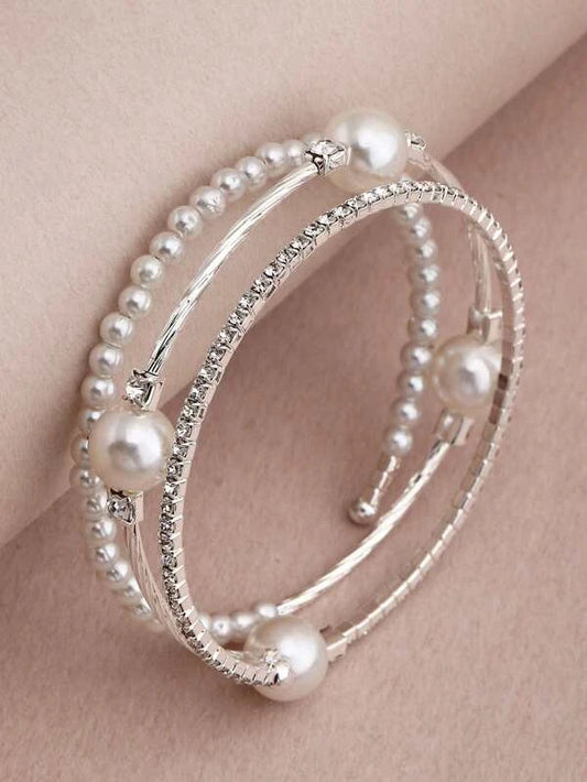White Pearl & Rhinestone Coil Bracelet