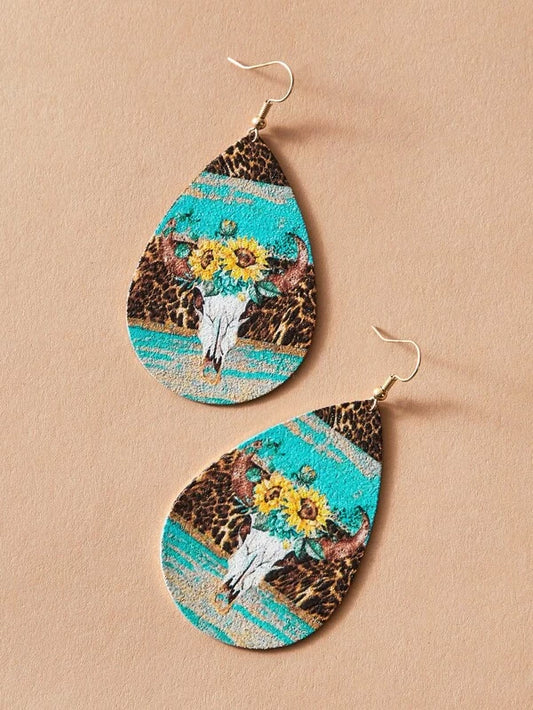 Skull w/ Sunflower & Animal Print Design Metal Earrings