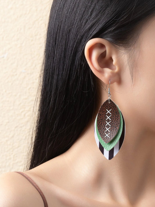 Triple Layered Leather Style Green Football Earrings