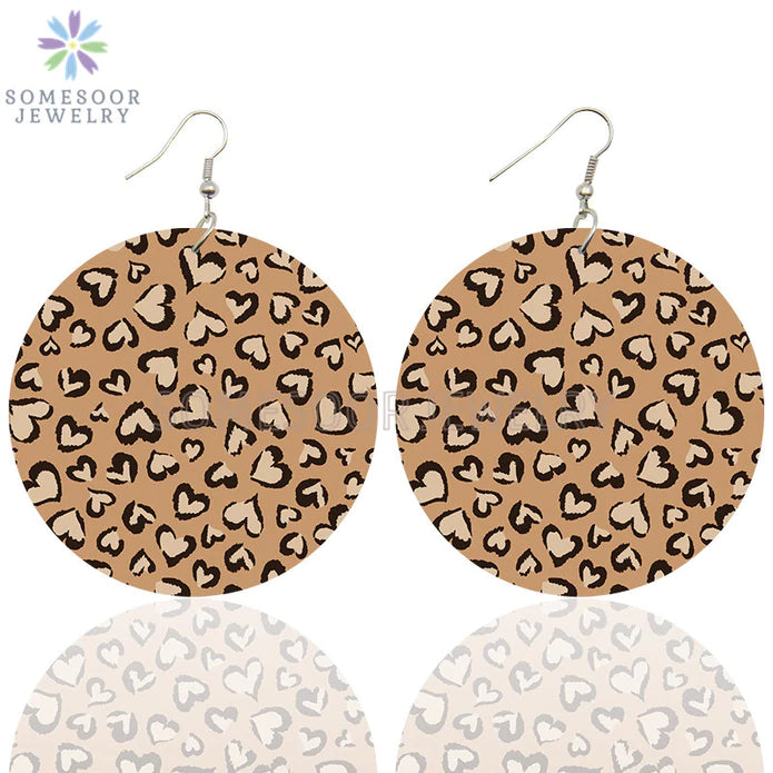 Brown Leopard w/ Hearts Wooden Earrings